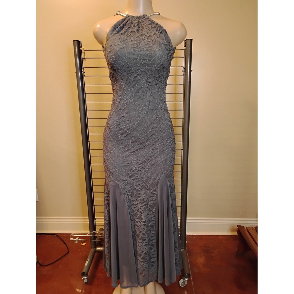 Y2K Jump Apparel Gray Lace Halter Neck Mermaid Maxi Dress Open Back Size 1/2